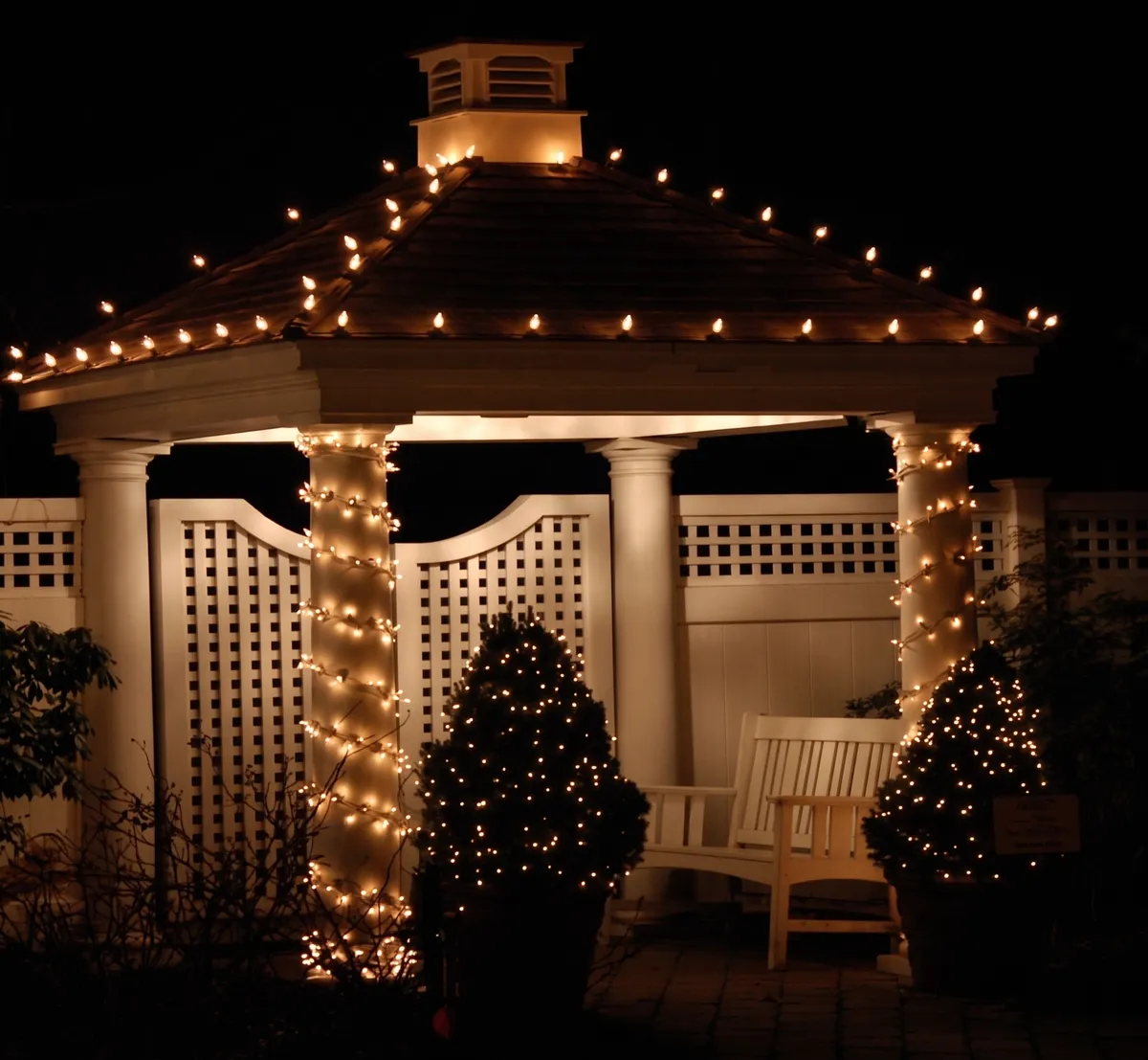 Garden pergola outlined in warm white lights with lit evergreens in front